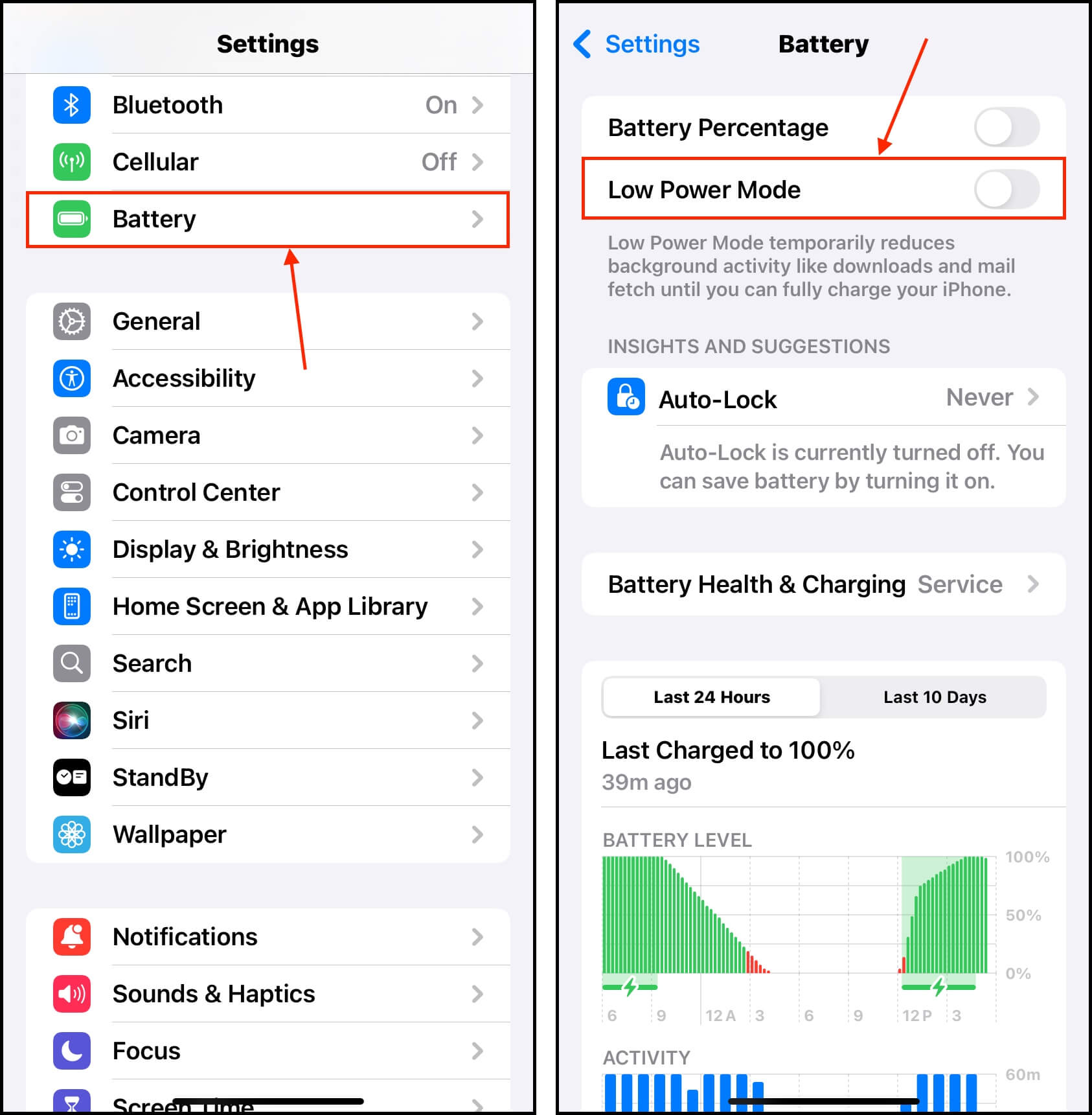 Enabling Low Power Mode in the iPhone's battery settings