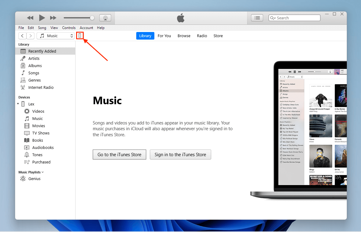 Device menu button in iTunes