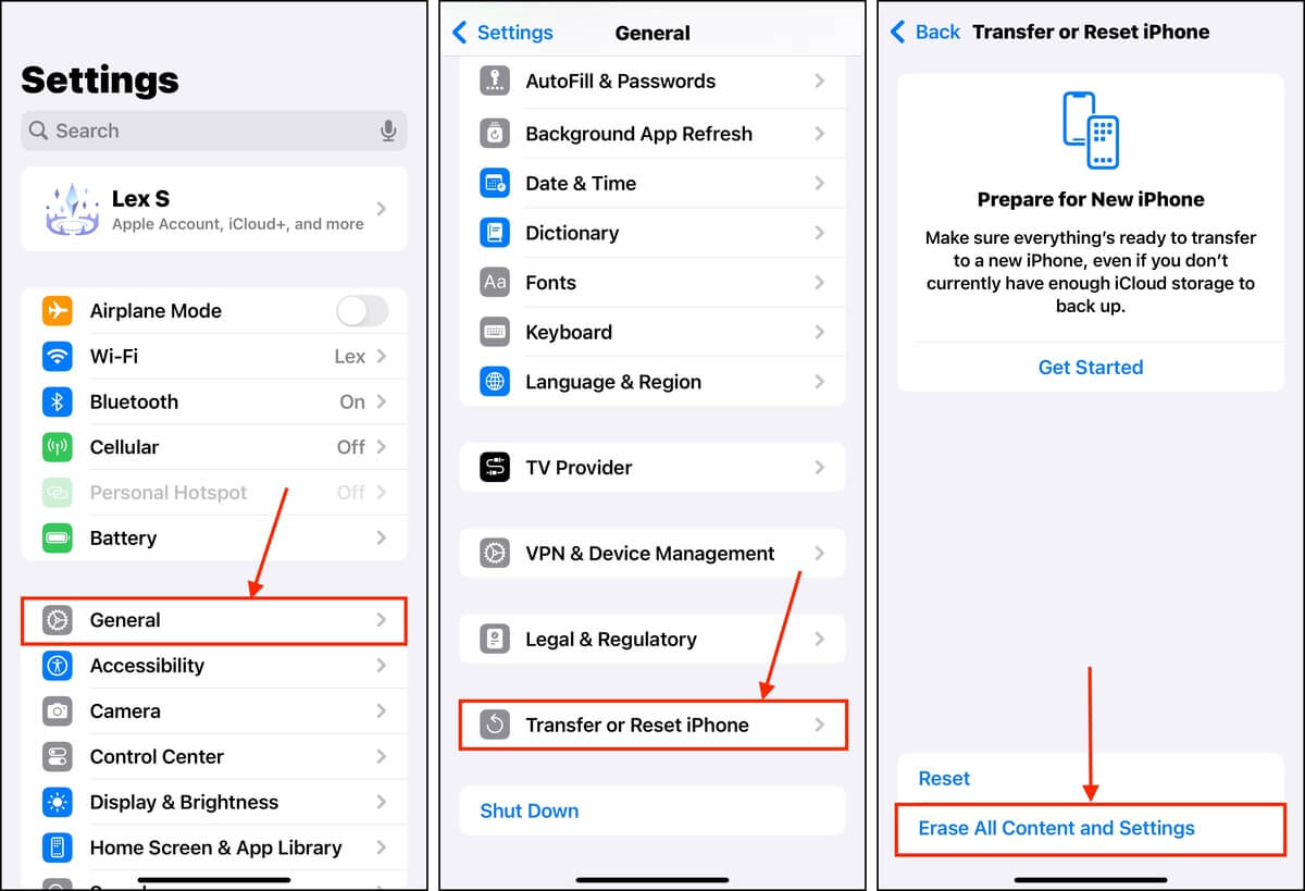 Factory Reset option in the iPhone settings app