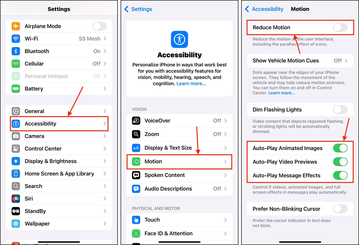 Changing Motion and AutoPlay settings in the iPhone Settings app