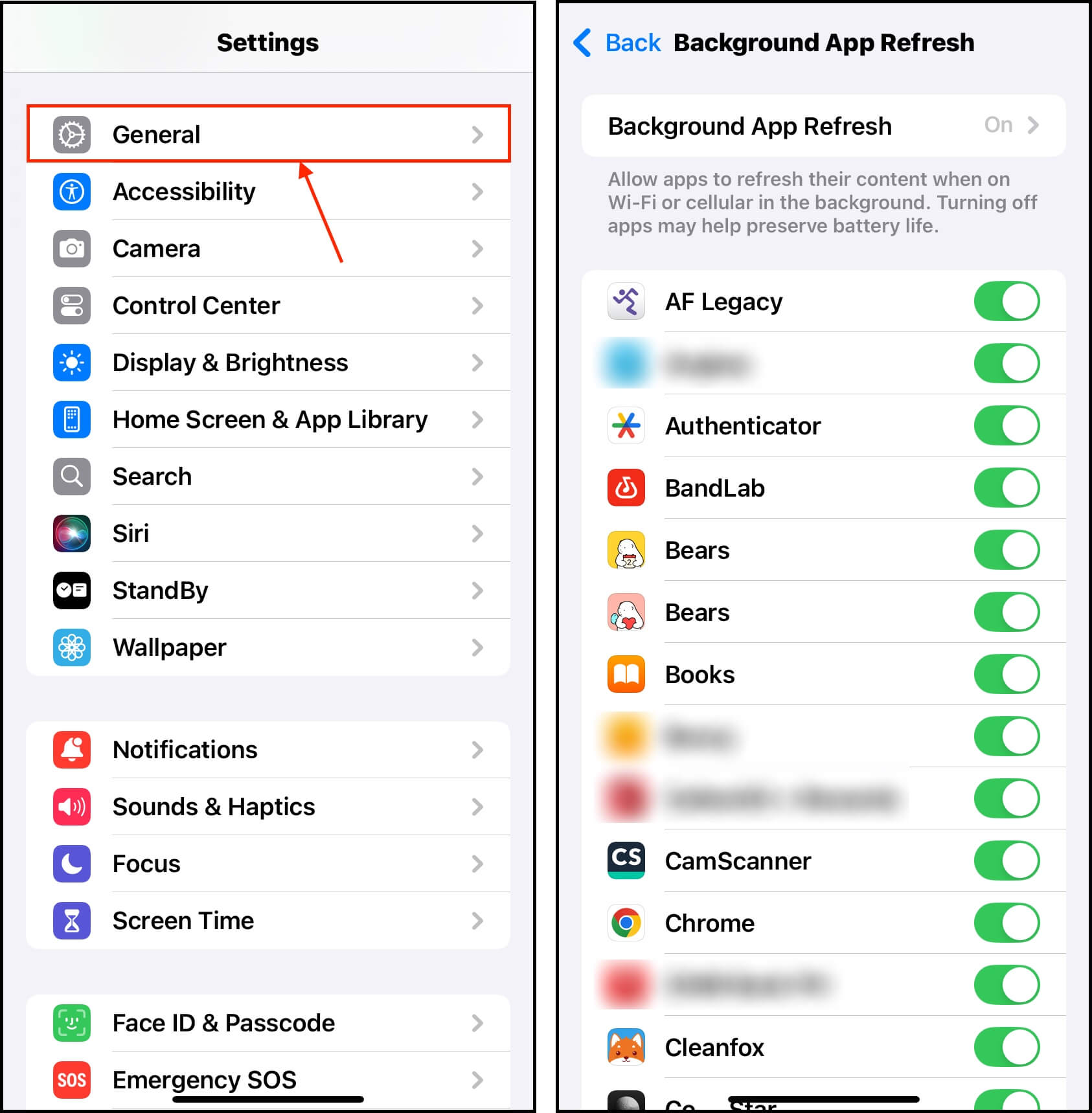 Turning off the Background App Refresh setting in iPhone General Settings menu