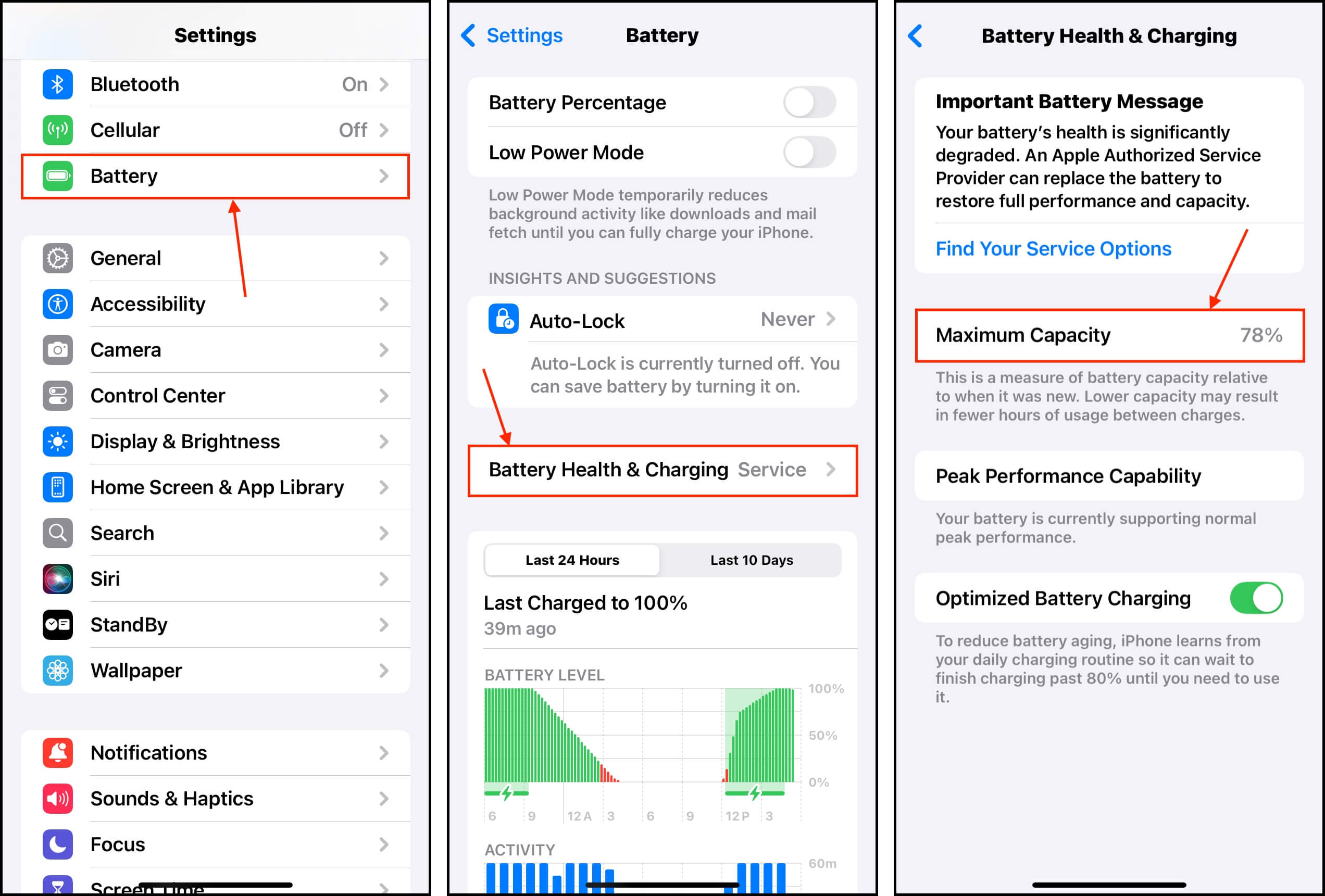 Checking an iPhone battery's Maximum Capacity via the Settings app