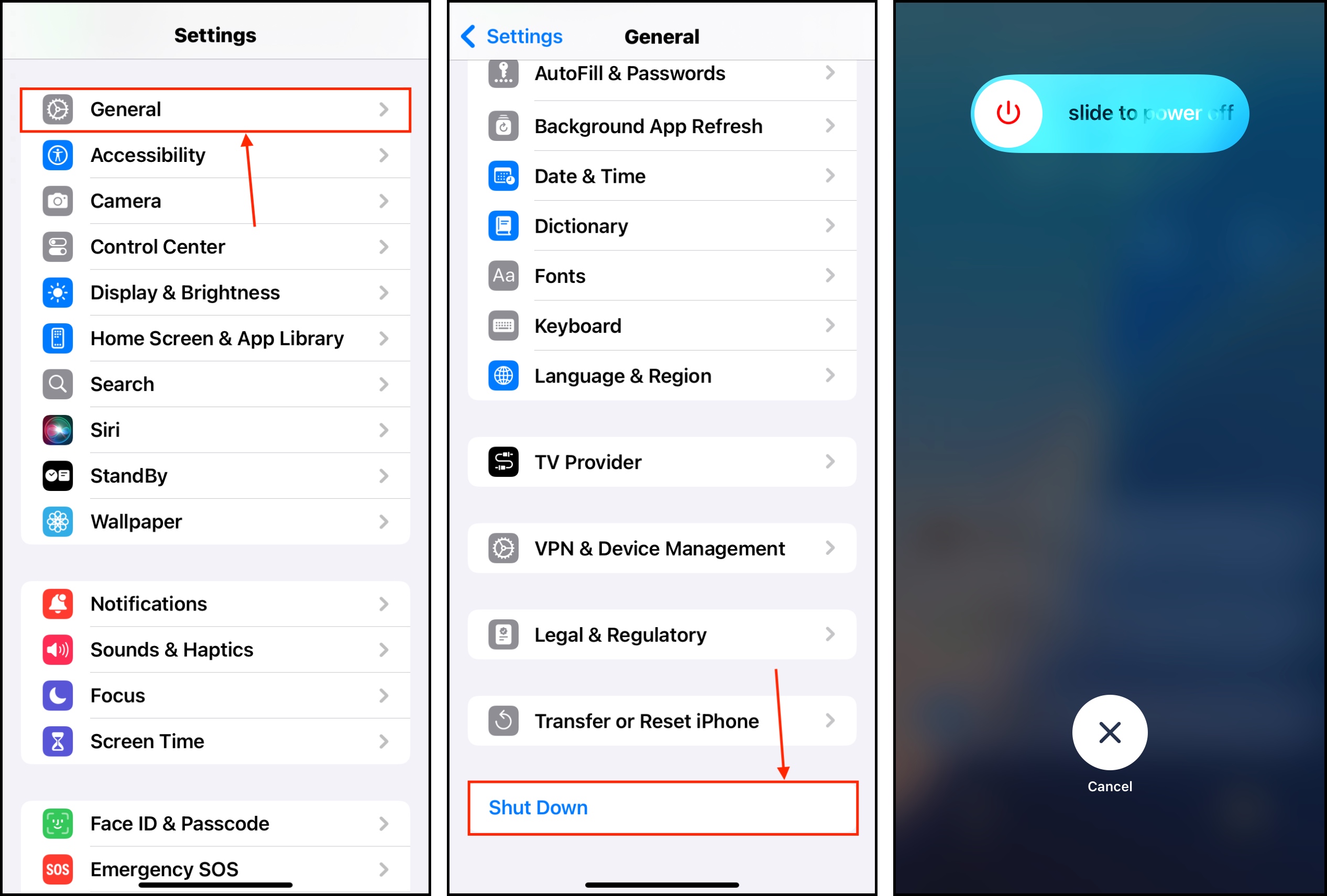 Turning off the iPhone via the Settings menu