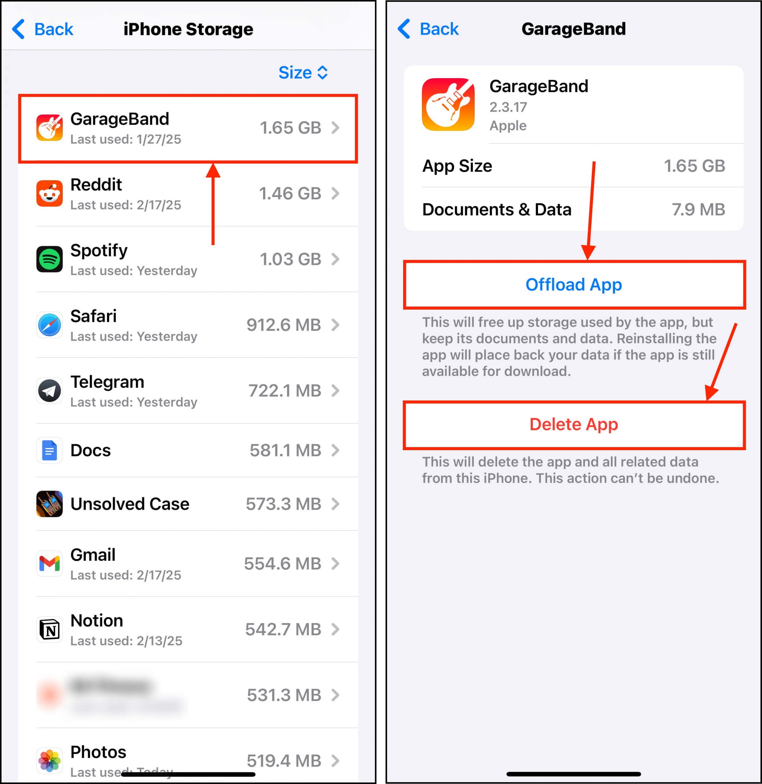 Offload and Delete options in the iPhone Storage menu