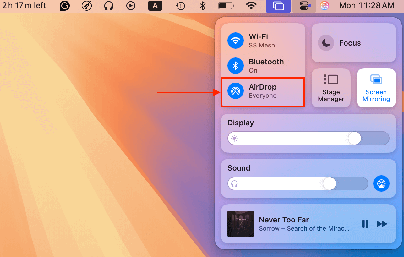 AirDrop toggle in the macOS control center