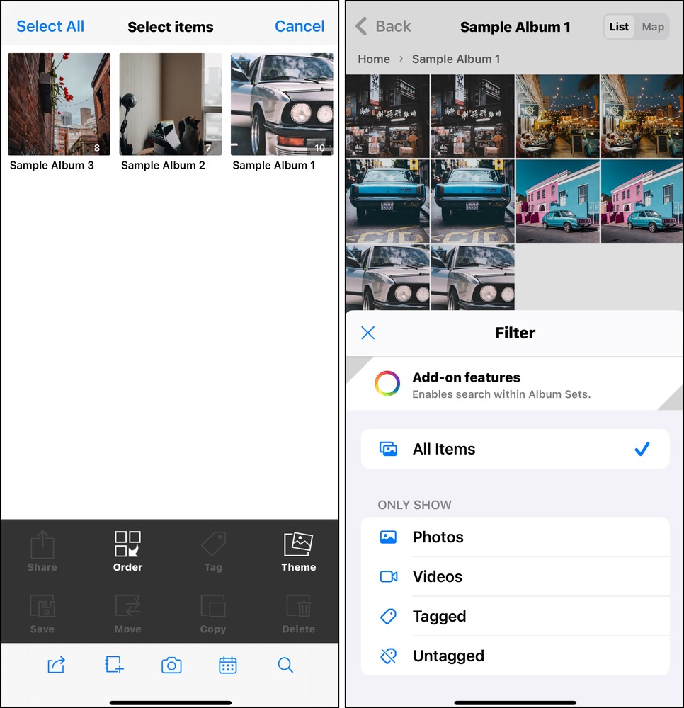 Screenshots of the MyPics app interface