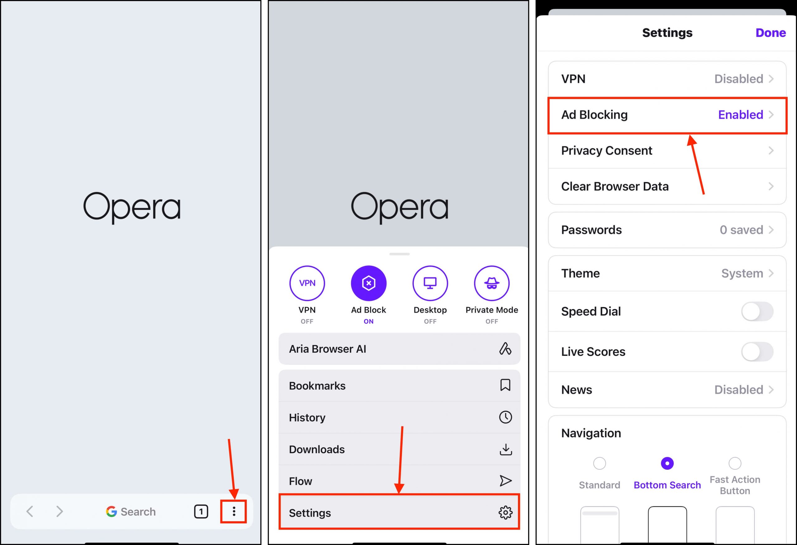 Ad blocking settings for the Opera browser on the iPhone