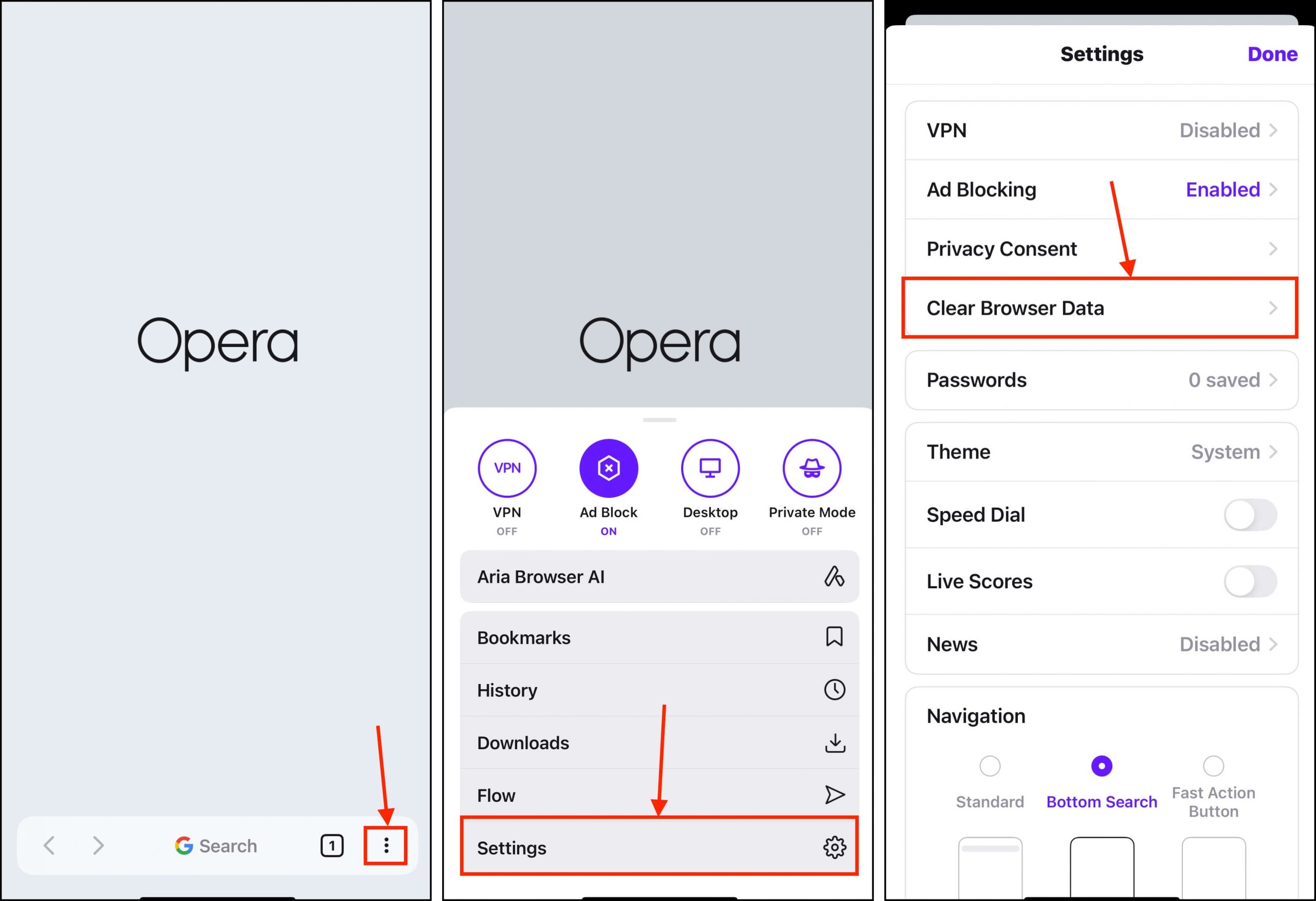 Clear Browser Data function in Opera browser for iOS