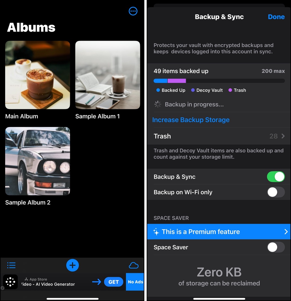 Screenshots of the interface of the iPhone app, Secret Photo Vault - Keepsake