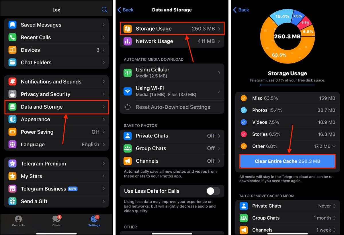 Clearing the cache in the iOS Telegram app