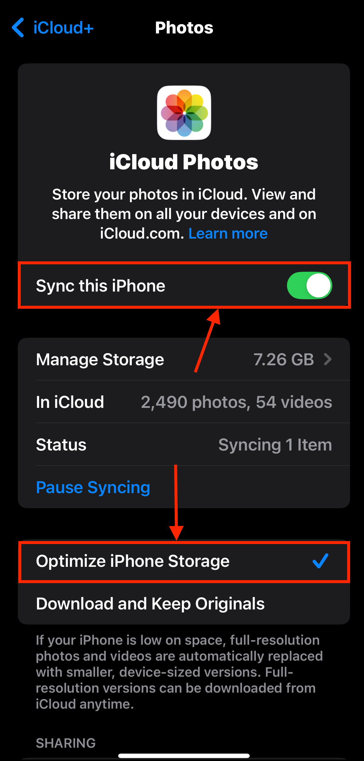 iCloud sync and optimization settings for iPhone photos