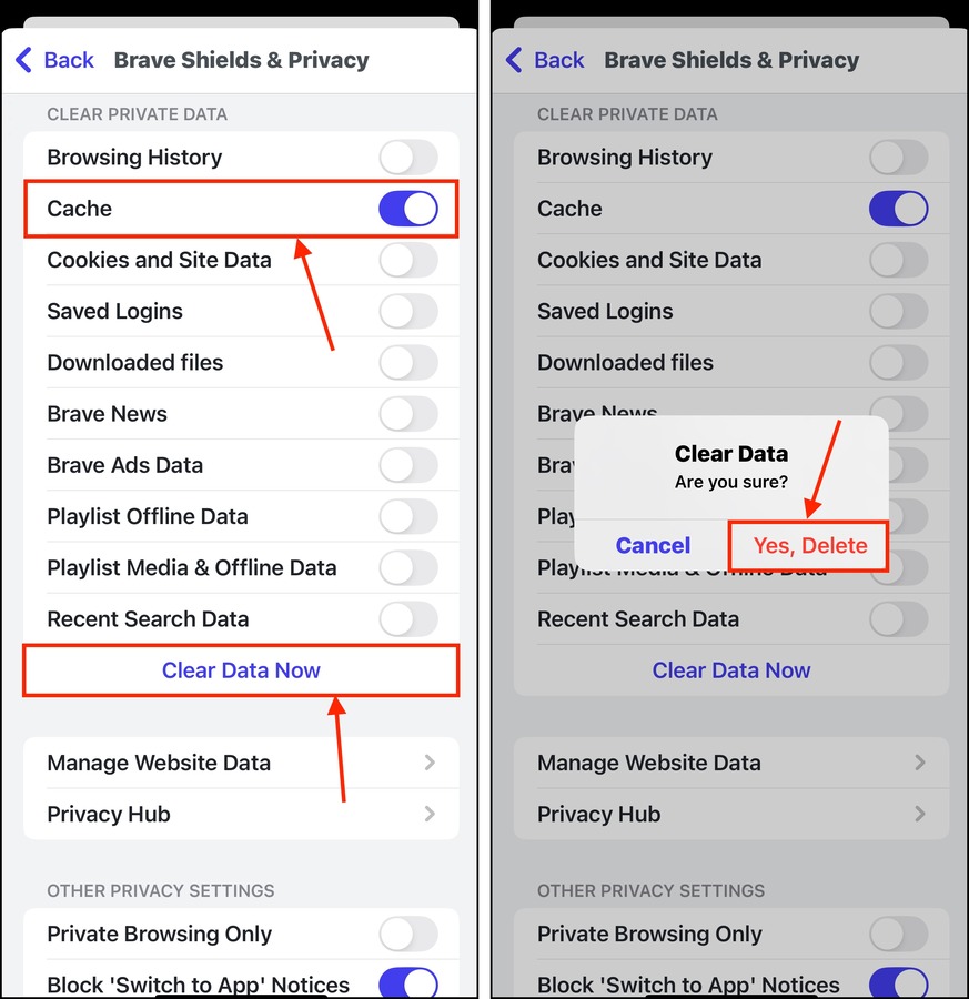 Clearing the browser cache on iOS Brave app