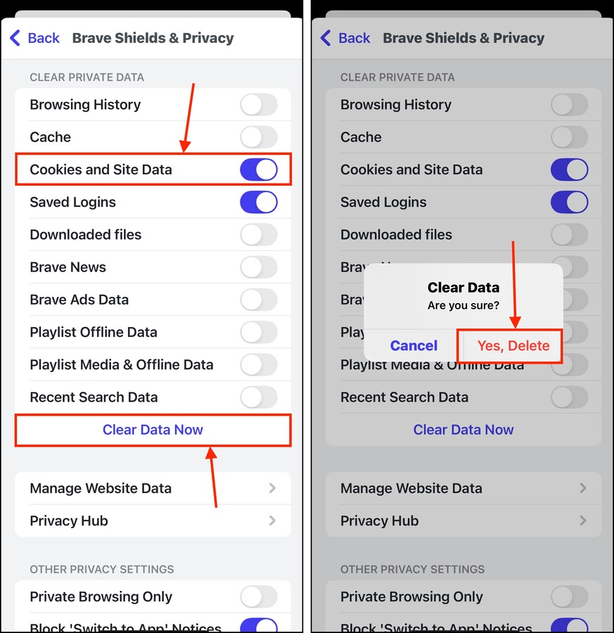 Clearing cookies on the iOS version of Brave