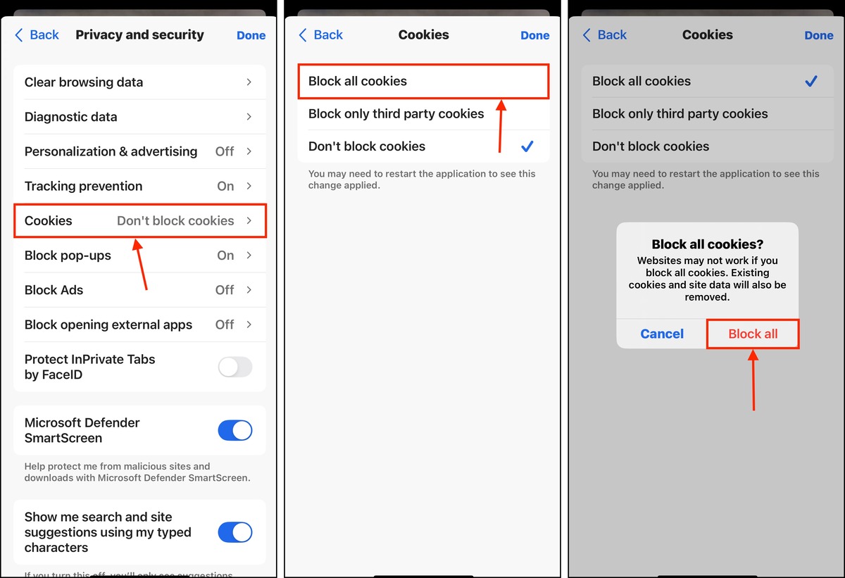 Blocking cookies on the Edge app on iPhone