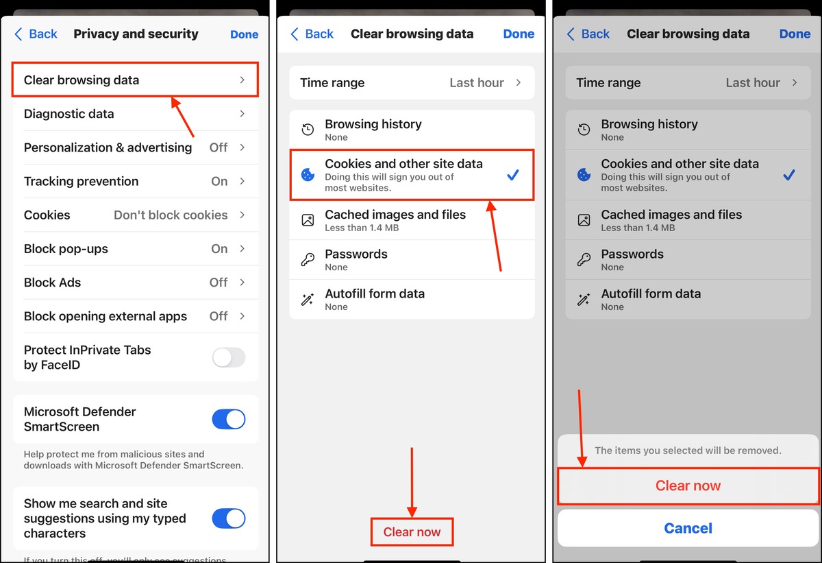 Clearing cookies in the iPhone version of Microsoft Edge