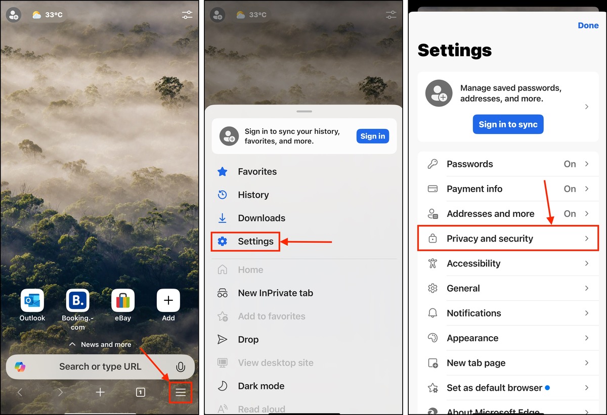 Privacy and security option in Microsoft Edge's settings menu