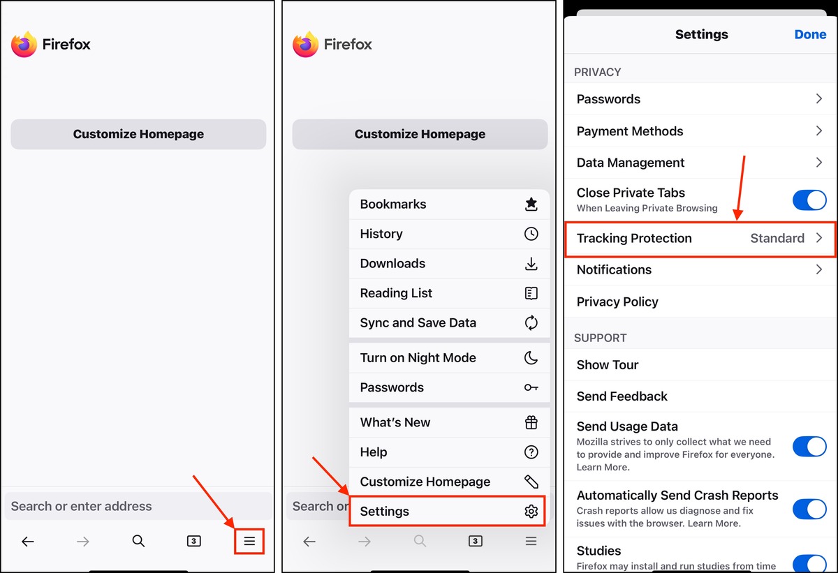 Tracking Protection settings in iOS Firefox