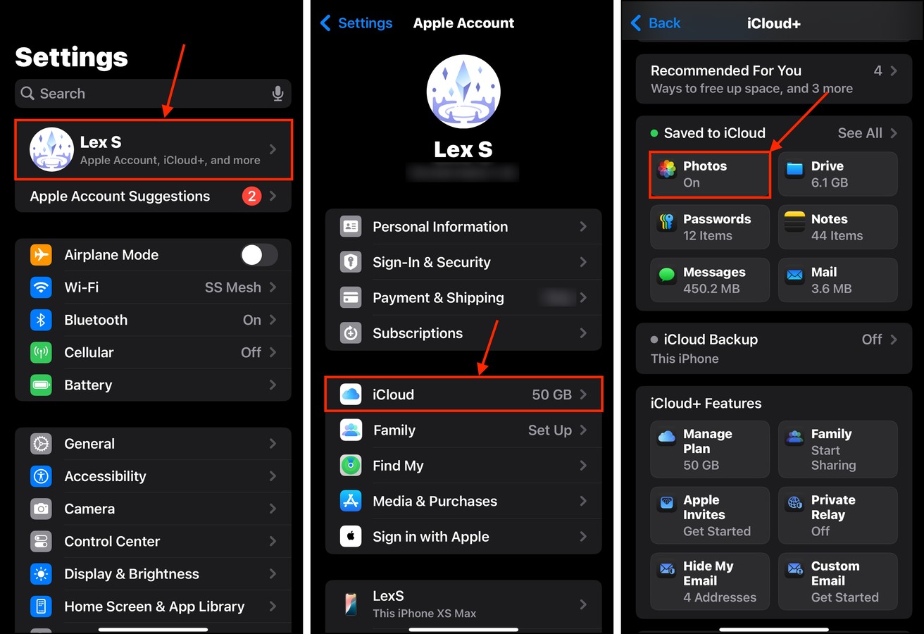 Viewing iCloud for Photos settings