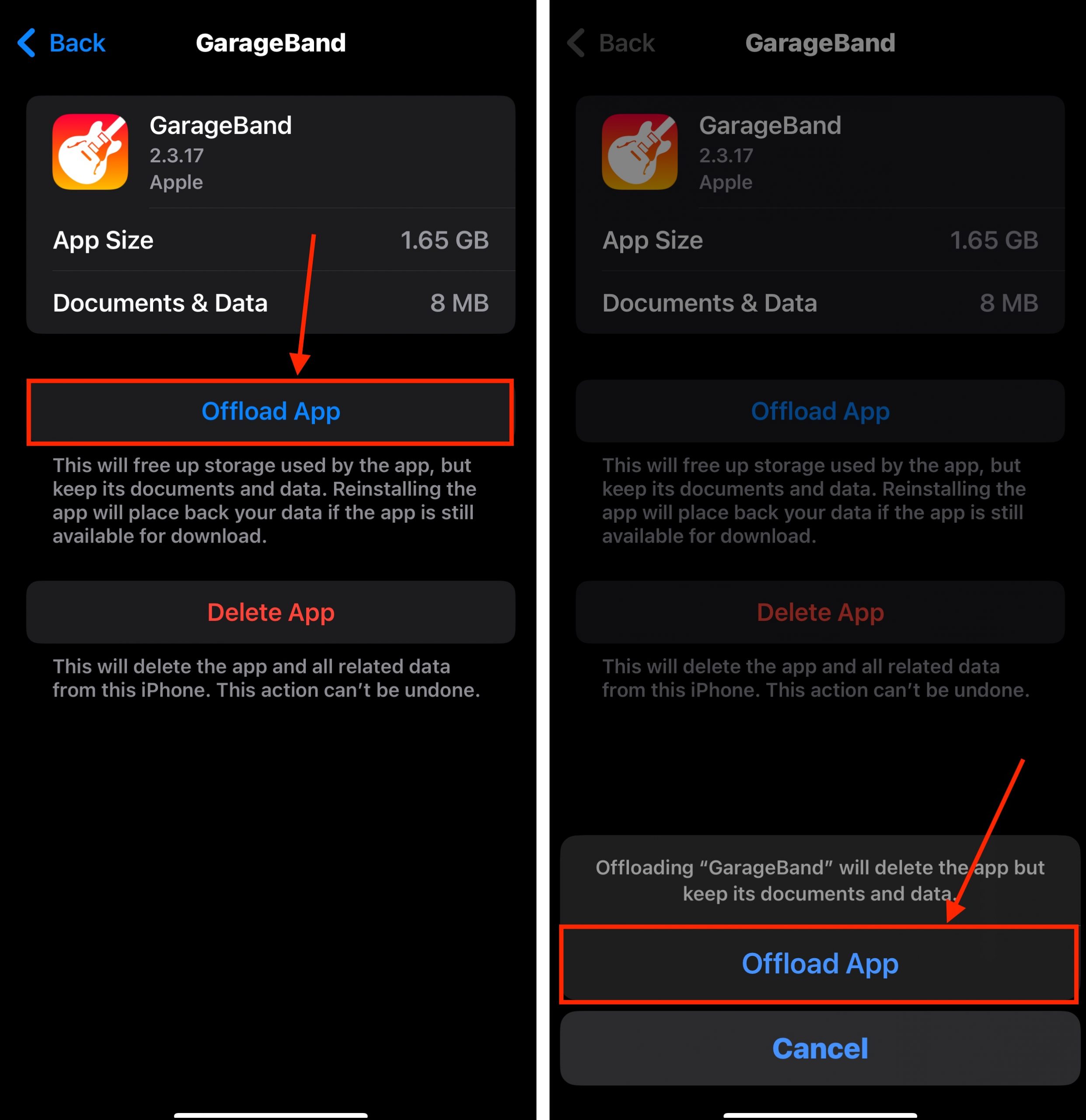 Offloading selected apps in Settings