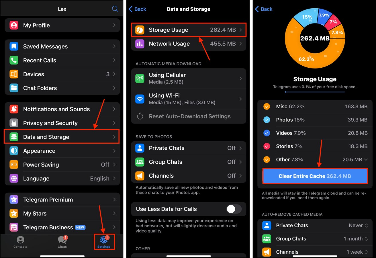 clearing app caches in Settings