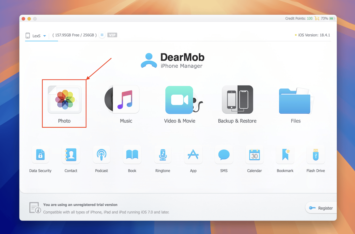 Selecting the Photo tool in DearMob iPhone Manager