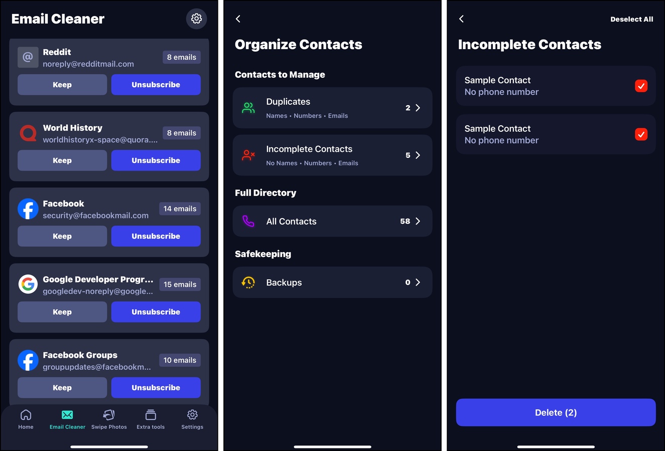 Using Cleaner Guru for iOS to clean up email and contacts on an iPhone