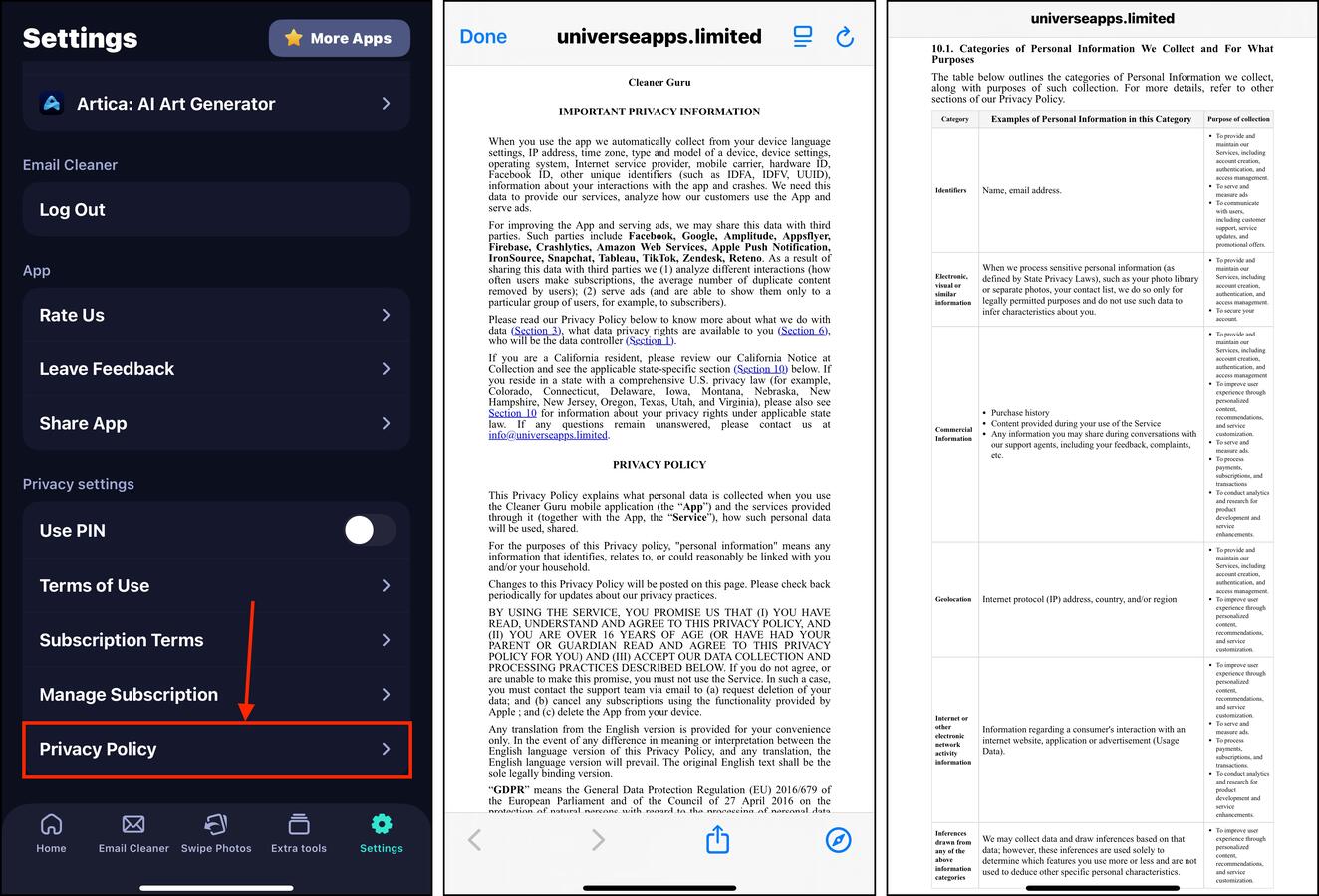 Accessing the Privacy Policy of the Cleaner Guru iOS app