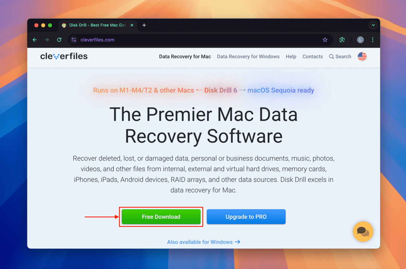 Free Download button for Disk Drill in the CleverFiles website