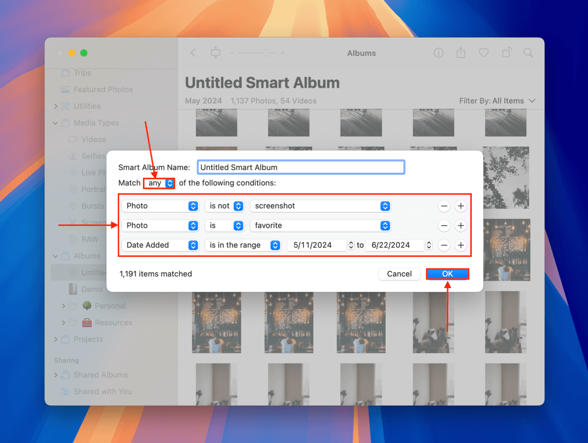 Setting up Smart Album conditions in the Photos app on Mac