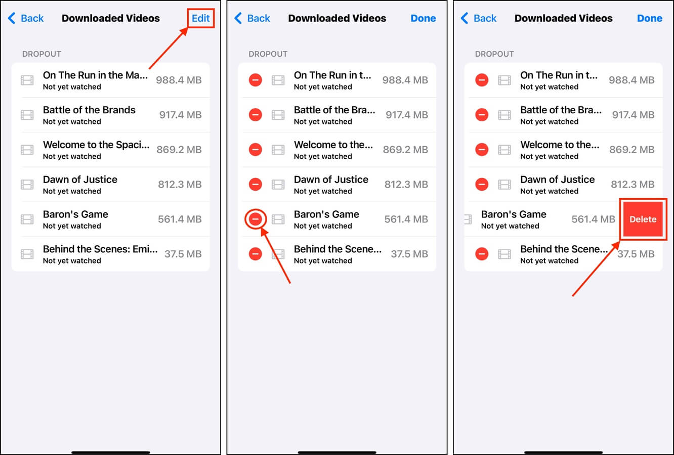 deleting selected videos in Settings
