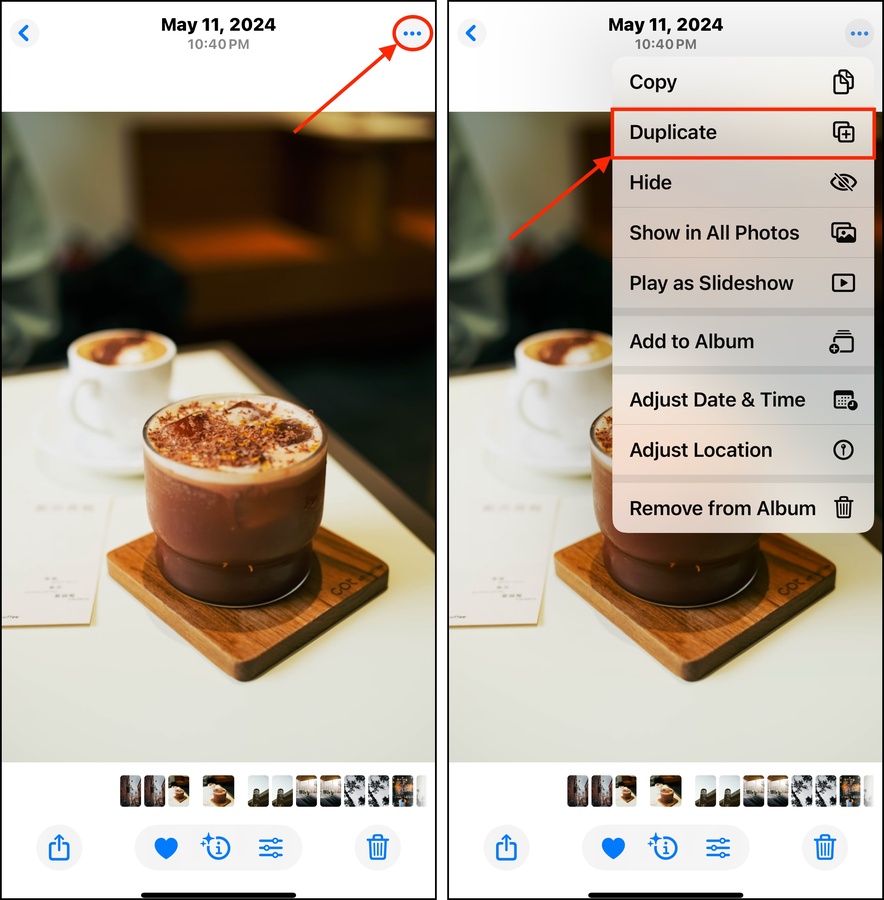 Duplicate photo feature in the iOS Photos app