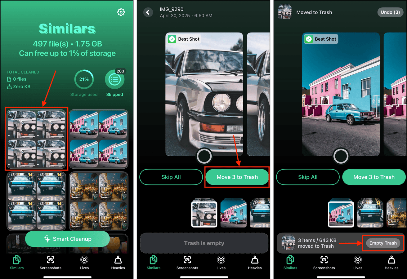 Similar photo deletion using Clever Cleaner on iOS