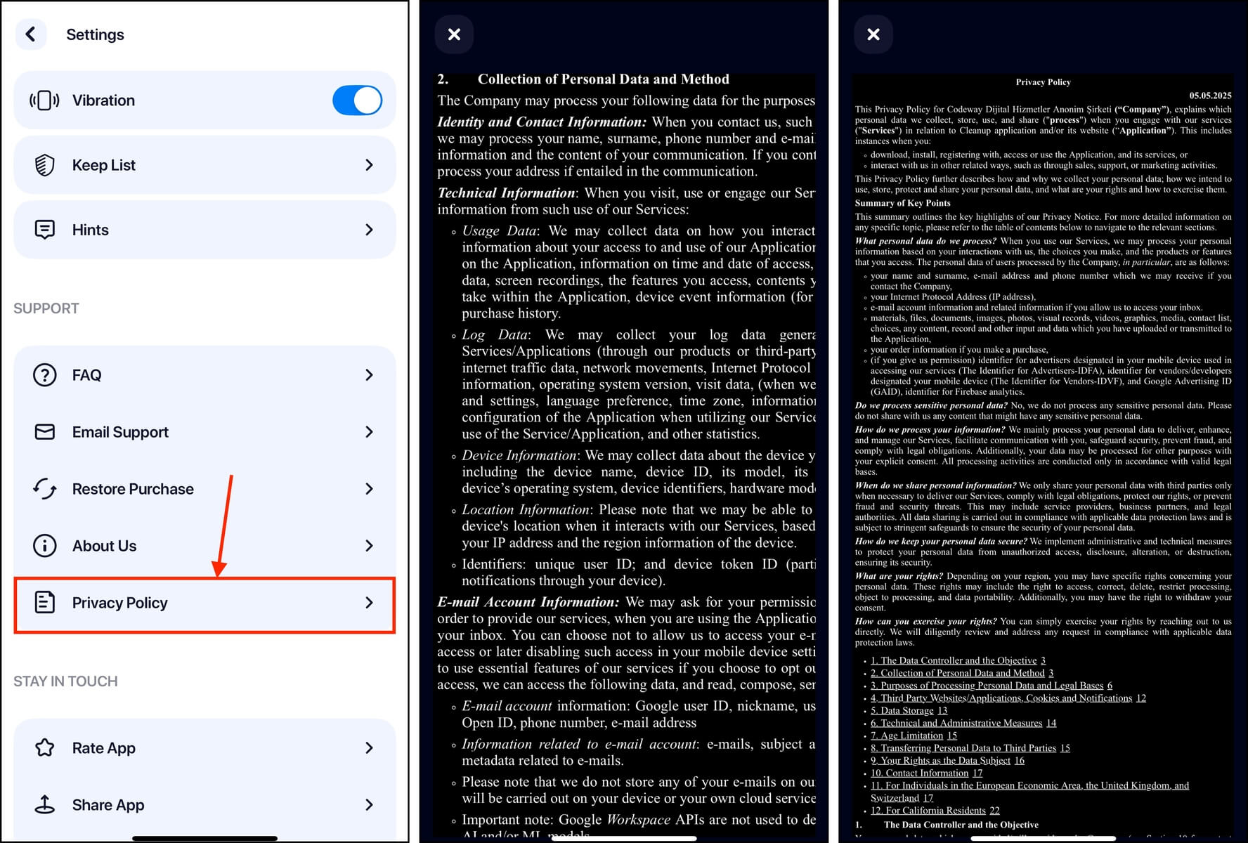 privacy policy of the cleanup app