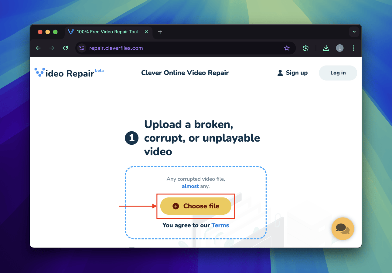 Choose file button in the Clever Online Video Repair website