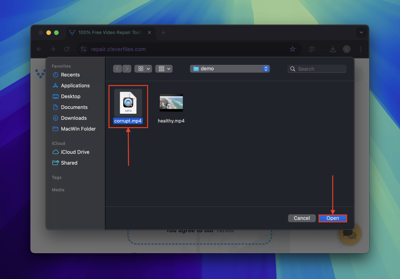 Choosing the video file I want Clever Online Video Repair to fix