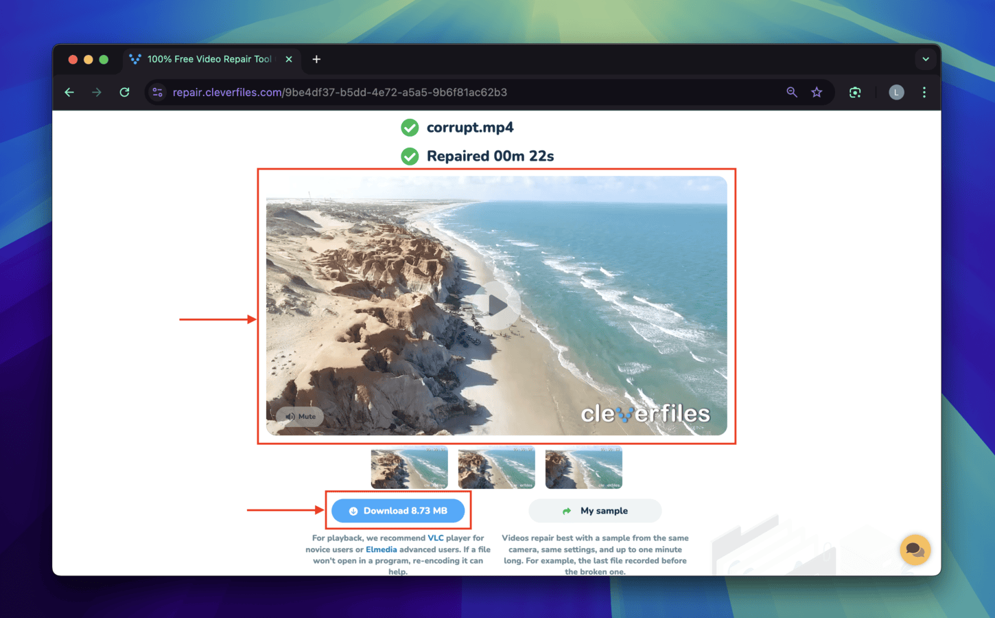 Previewing and downloading the video that Clever Online Video Repair fixed