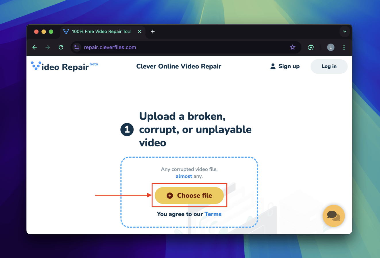 Choose file button in the Clever Online Video Repair website