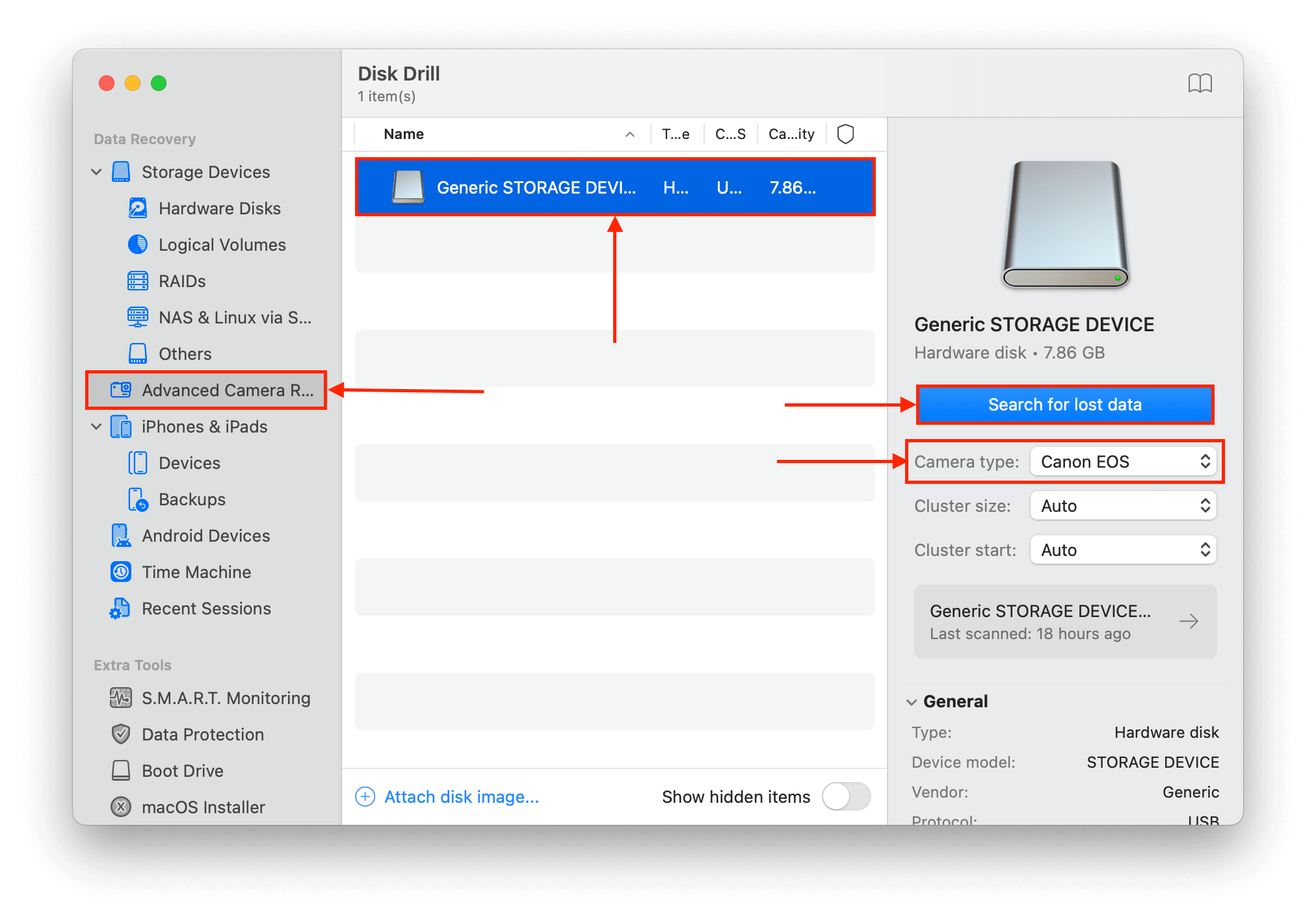 Scanning a CompactFlash card with Disk Drill's Advanced Camera Recovery feature