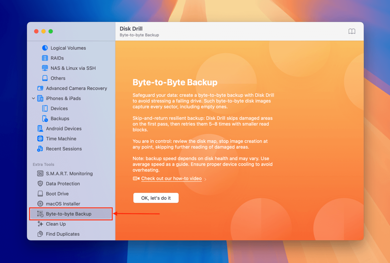 Initial screen for Disk Drill's Byte-to-byte backup feature