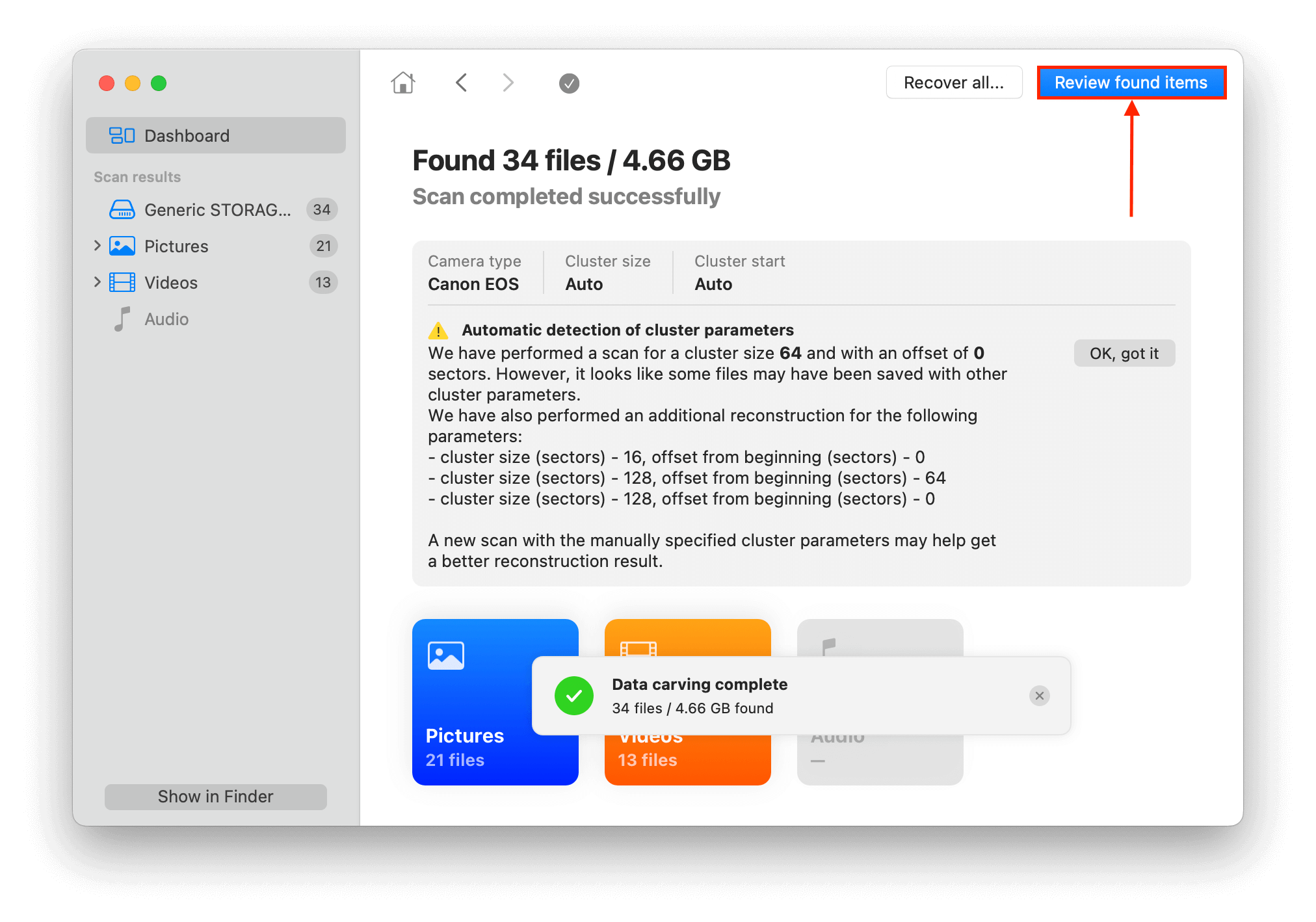 Review Found Items button in Disk Drill's interface