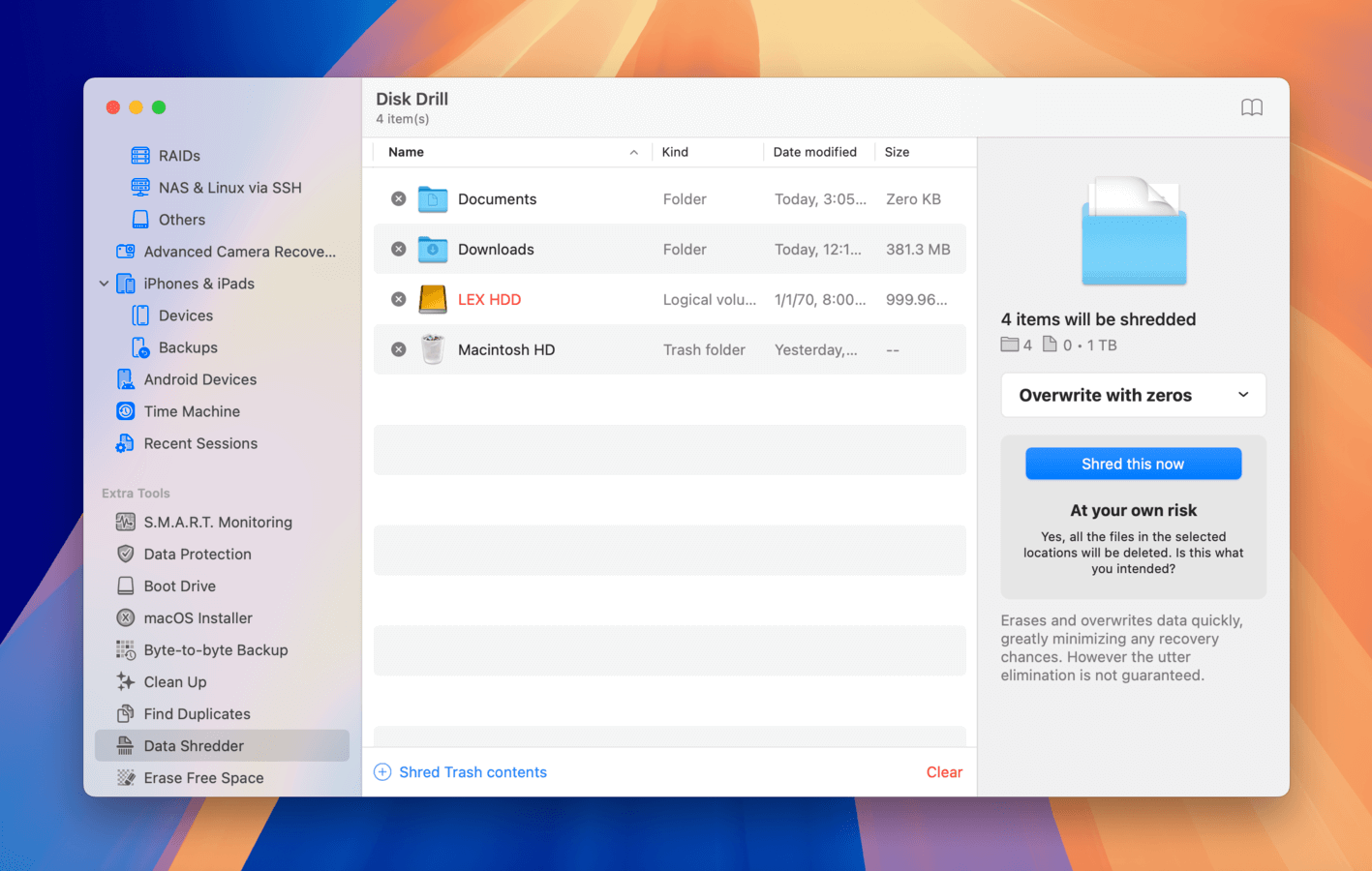 Data Shredder tool in Disk Drill
