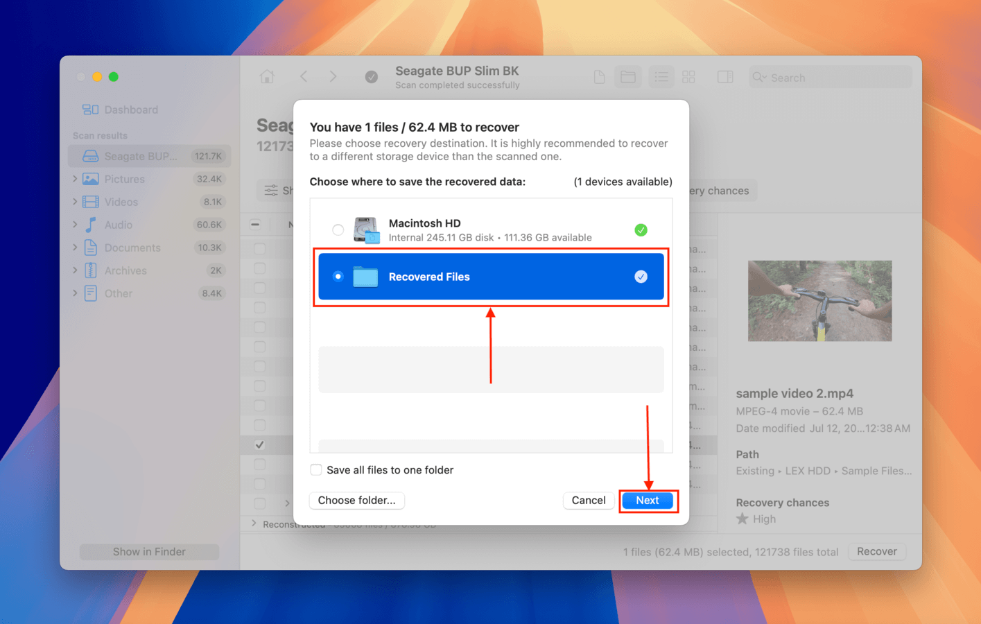 Choosing a destination folder for the recovered files