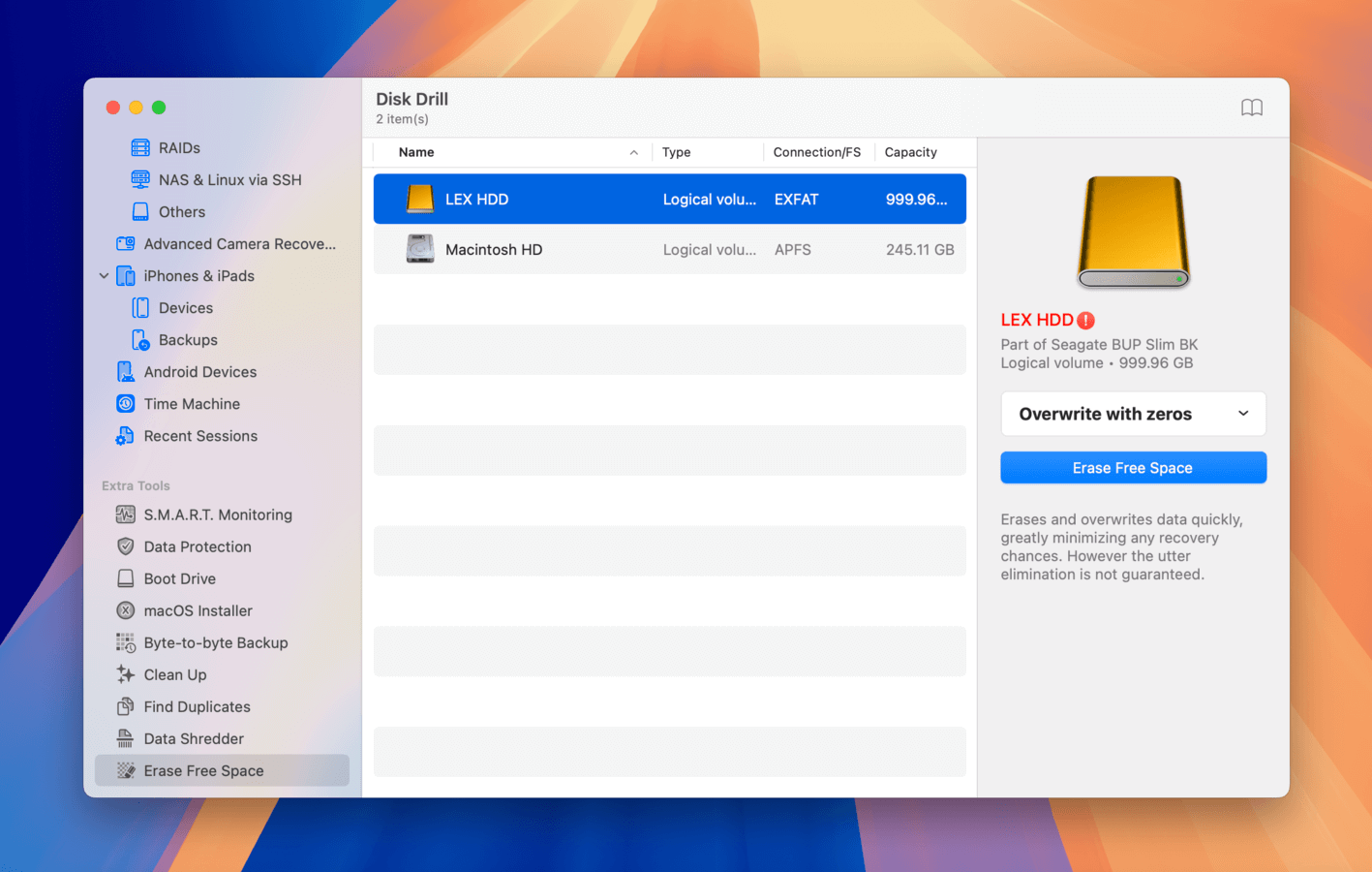 Erase Free Space feature in Disk Drill