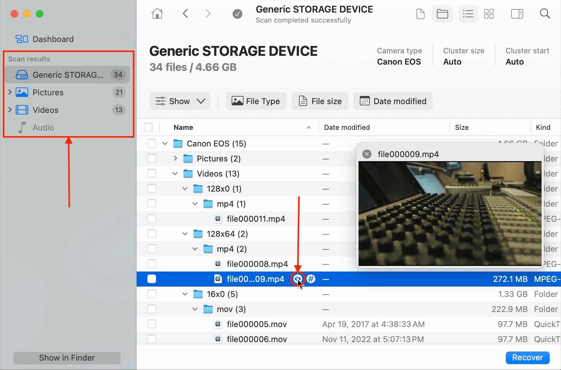 Filtering and previewing found CompactFlash card data after Disk Drill's ACR scan