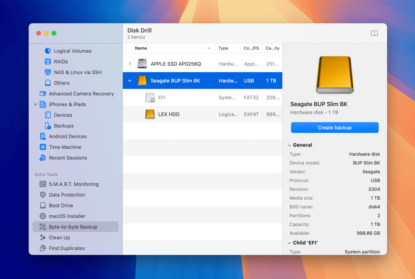Disk Drill Byte-to-byte backup source selection menu