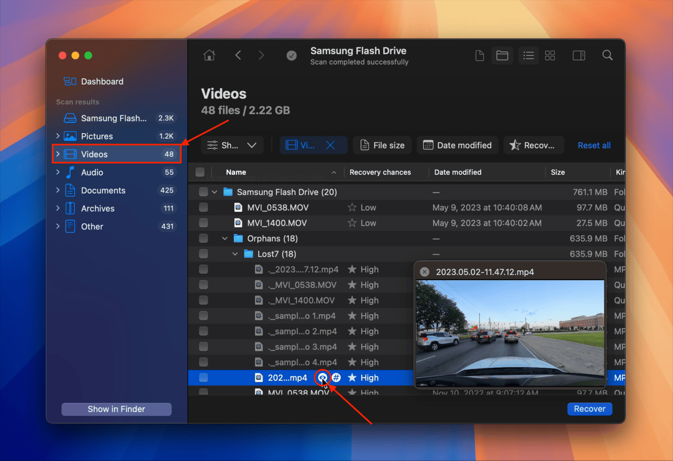 Previewing a Tesla Dashcam video while recovering it with Disk Drill