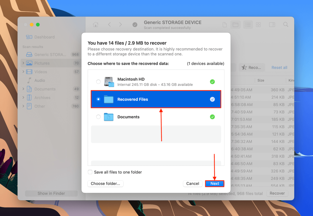 Choosing a destination folder for the recovered SD card files