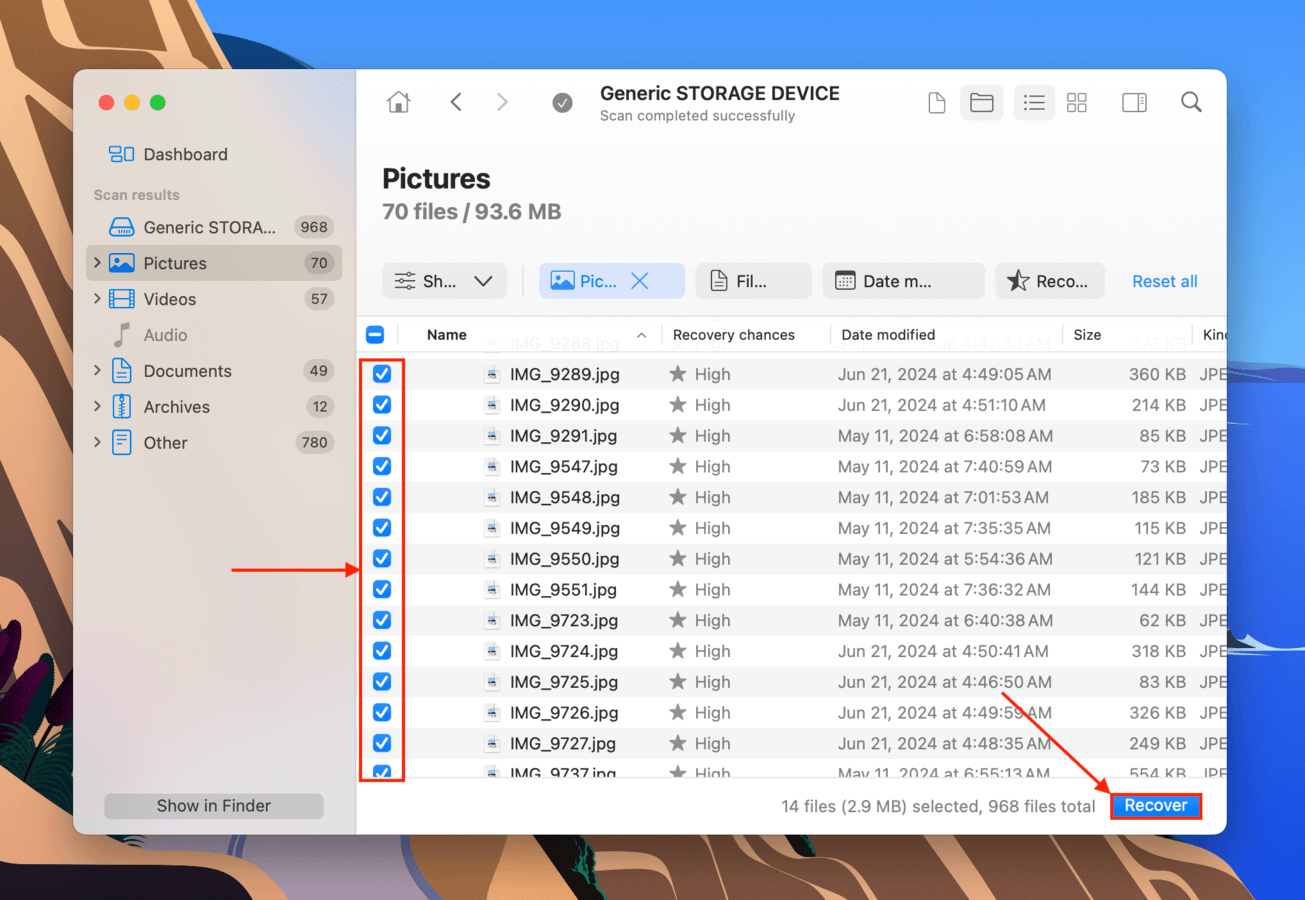 Selecting SD card files for Disk Drill to restore