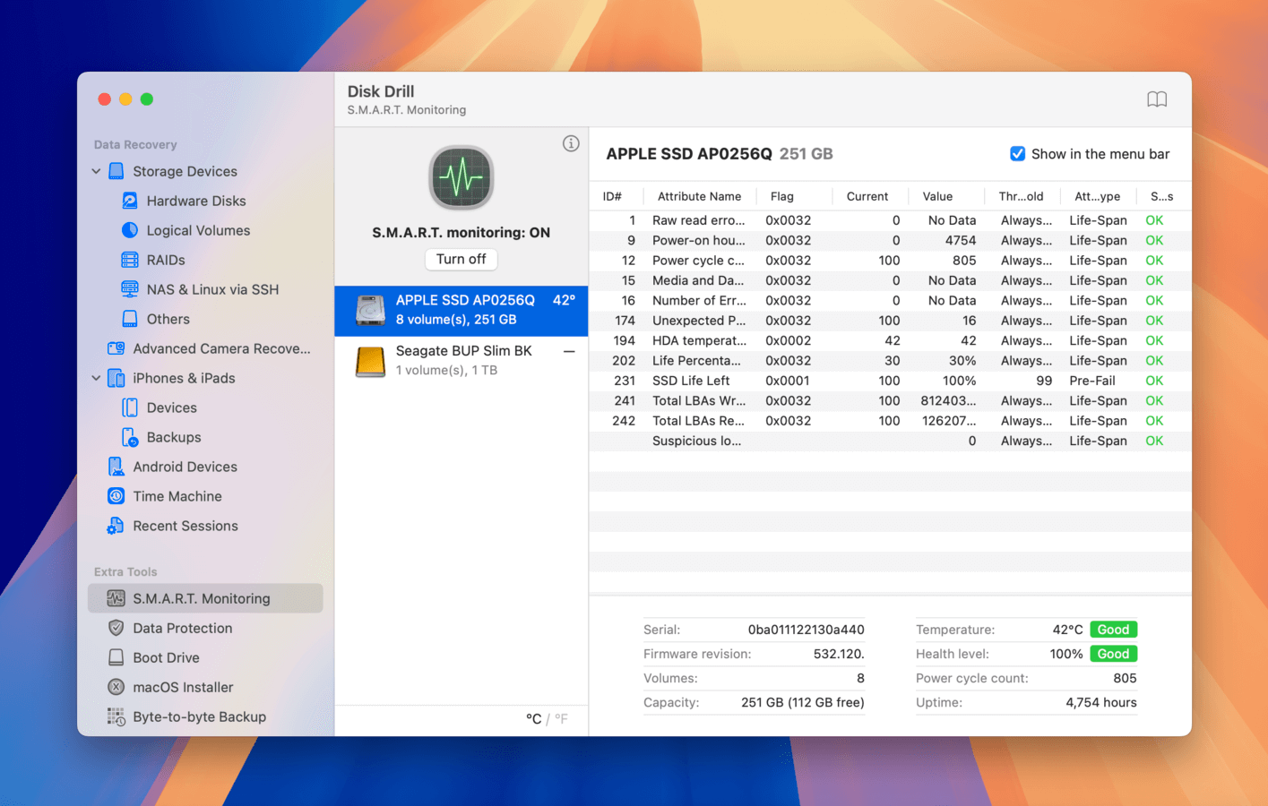 Disk Drill's SMART Monitoring tool