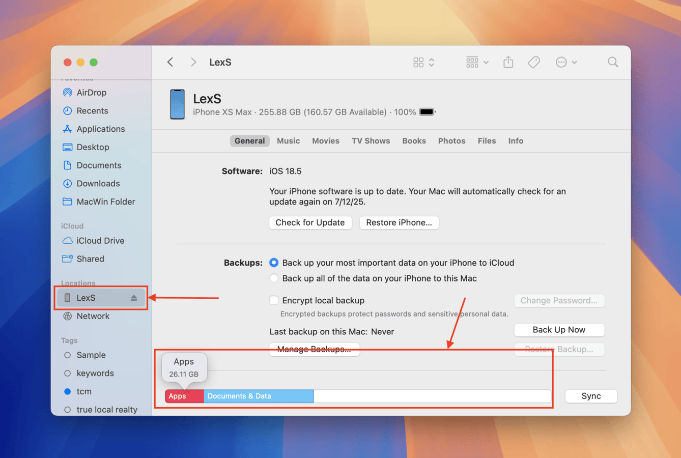 Reviewing iPhone storage via Finder on Mac